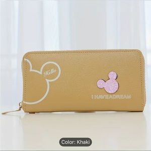 Khaki and pink Minnie Mouse wallet.